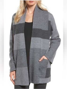 Eileen Fisher Merino Wool Grey Open-Front Geometric Cardigan Sweater, XS
